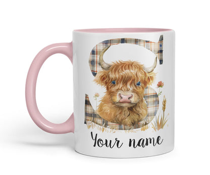Vixar Personalised Highland Cow Initial Letter S Custom Name Mug – Coloured Ceramic Mug Cup Gift, 11oz (Black)