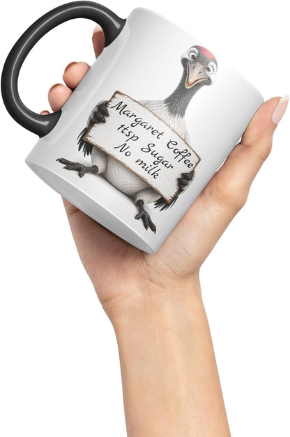 Vixar Personalised Crane Bird Mug with Name or Custom Message – Cute Animal Coloured Ceramic Mug Cup Gift, 11oz (Black)