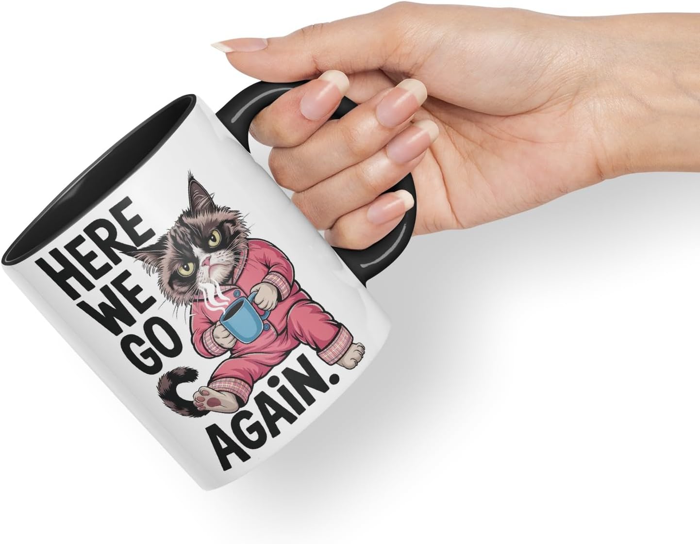 Vixar Here We Go Again Grumpy Cat Mug – Coloured Ceramic Mug Cup Gift, 11oz (Black)