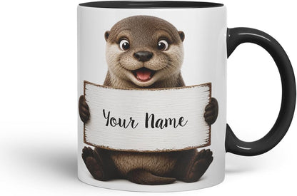 Vixar Personalised Otter Mug with Name or Custom Message – Cute Animal Coloured Ceramic Mug Cup Gift, 11oz (Black)