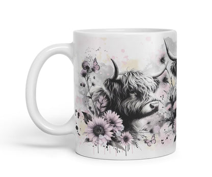 Vixar Highland Cows Flowers Mug – Coloured Ceramic Mug Cup Gift, 11oz (Black)