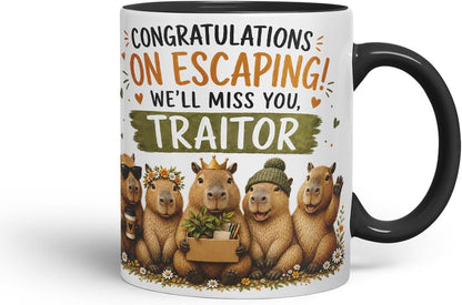 Vixar Congratulations on Escaping! We'll Miss You, Traitor Mug – Funny Coworker Leaving Colleague Goodbye Gift, 11oz (Black)