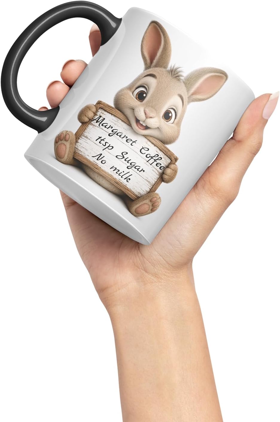 Vixar Personalised Hare Mug with Name or Custom Message – Cute Animal Coloured Ceramic Mug Cup Gift, 11oz (Black)