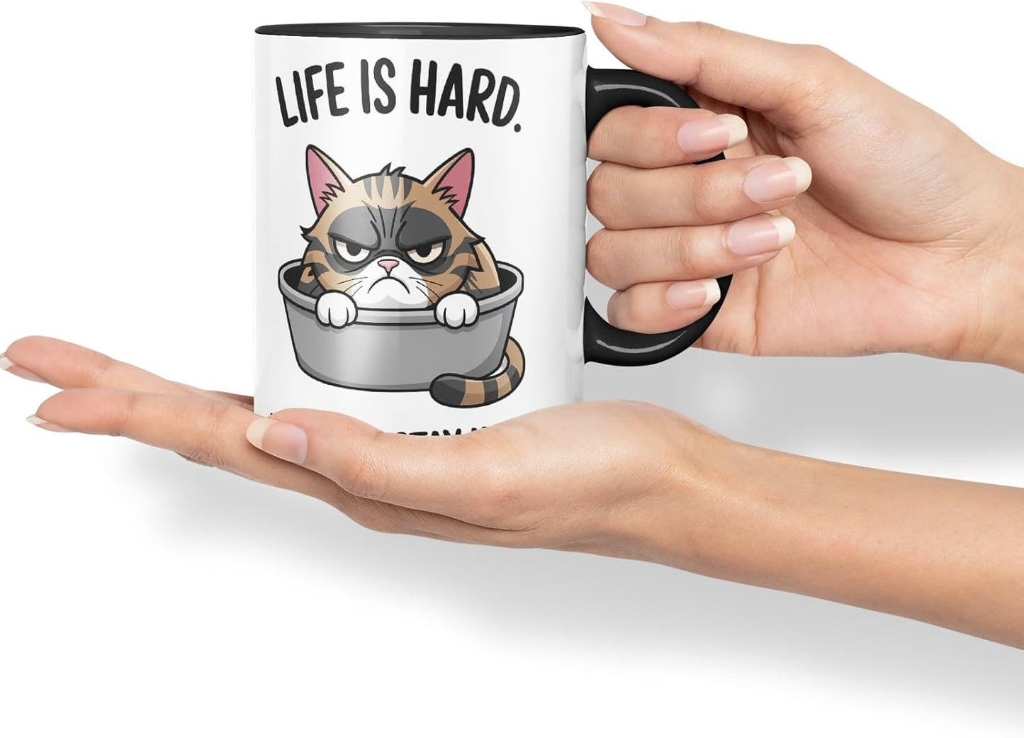 Vixar Life is Hard I’ll Just Stay Here Cat Mug – Coloured Ceramic Mug Cup Gift, 11oz (Black)