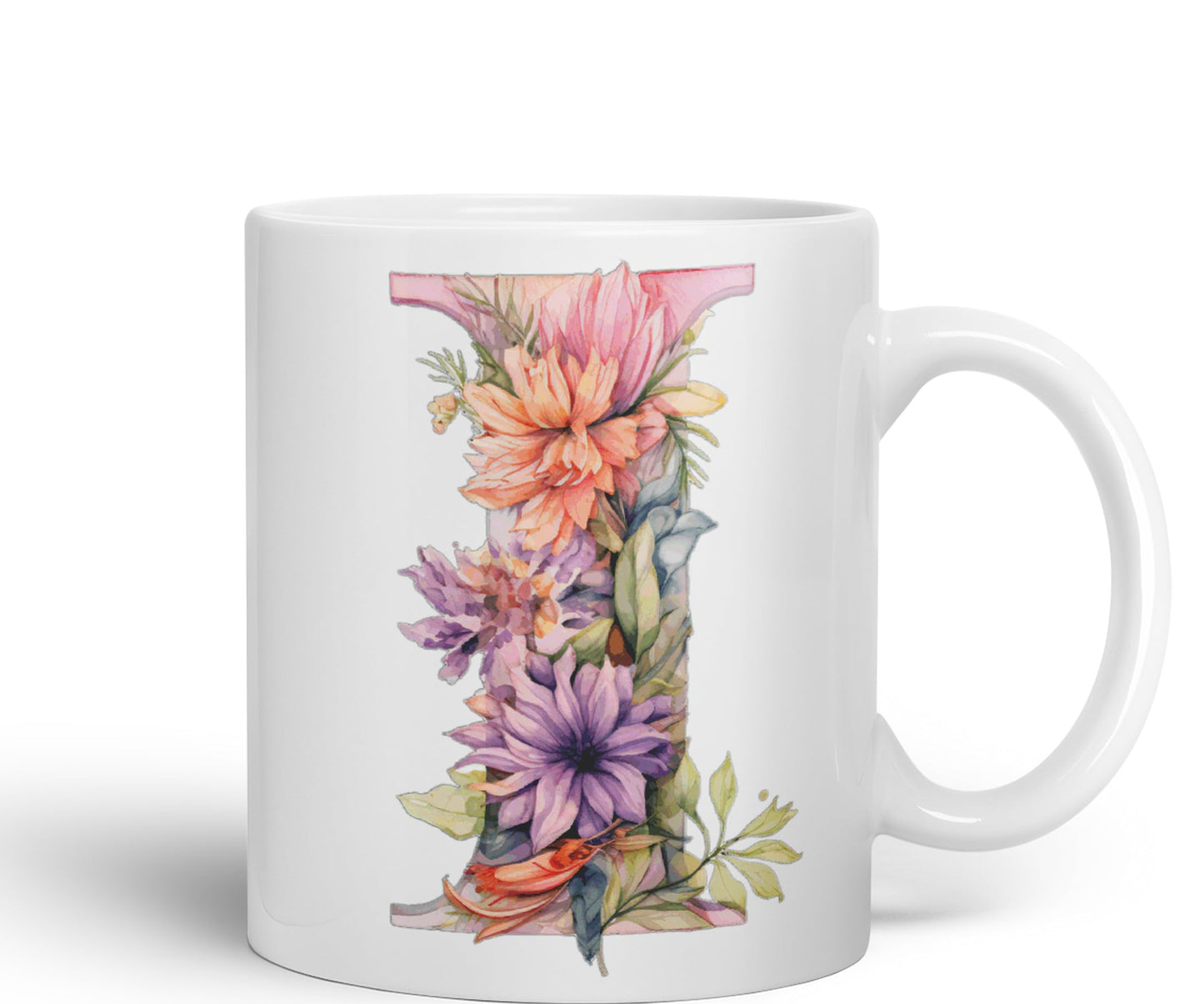 Letter I mug, Floral flowers butterfly Alphabet Letter I Monogram watercolour Ceramic Coloured Mug Cup for Tea Coffee Hot brew 330ml 11Oz Gift