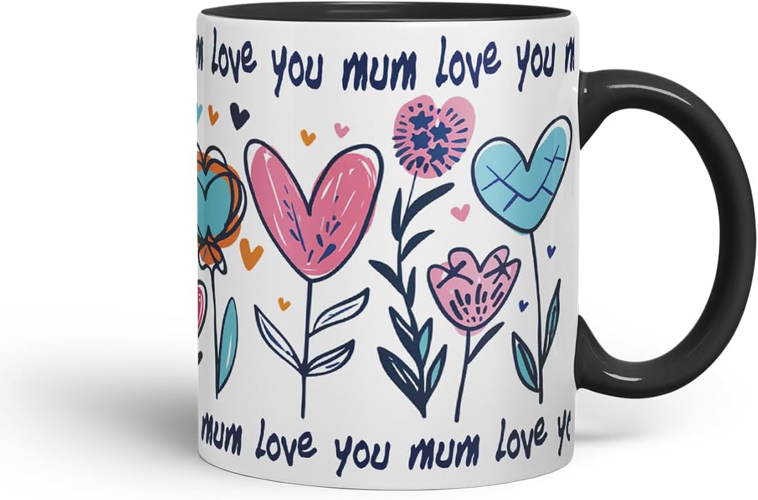 Vixar Love You Mum Floral Hearts Mug – Coloured Ceramic Mug Cup Gift, 11oz (Black)