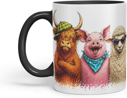 Vixar Funny Farm Animals Mug – Cute Farm Animal Coloured Ceramic Mug Cup Gift, 11oz (Black)