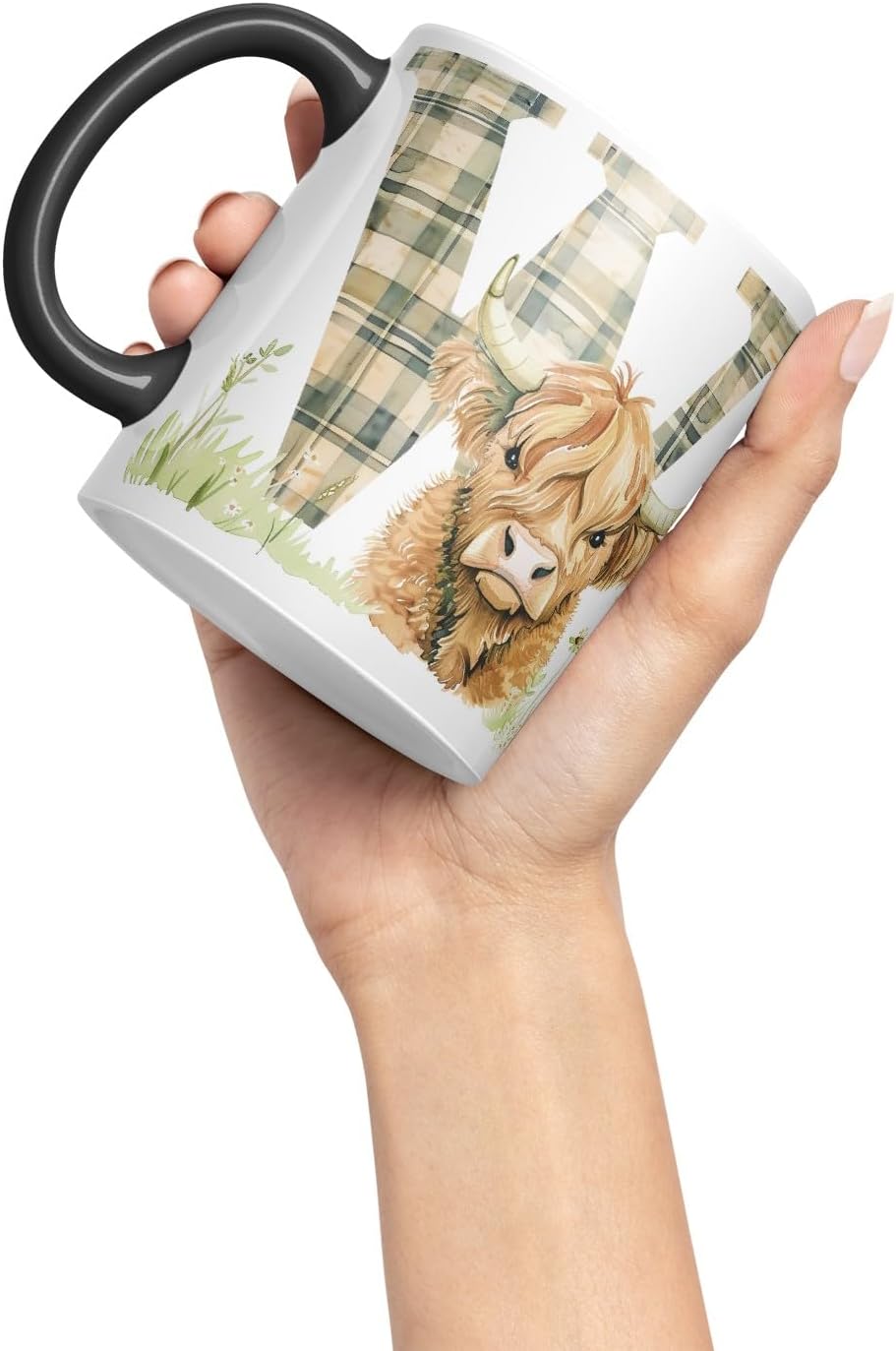 Vixar Highland Cow Alphabet Monogram Coloured Ceramic Cup Mug – Letter W – Rustic Farmhouse Animal Letter Gift – 11oz (Black)