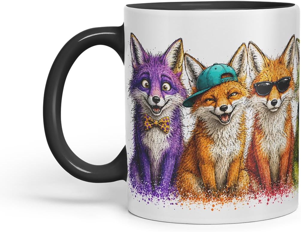 Vixar Fox Mug – Cute Fox Animal Coloured Ceramic Mug Cup Gift, 11oz (Black)