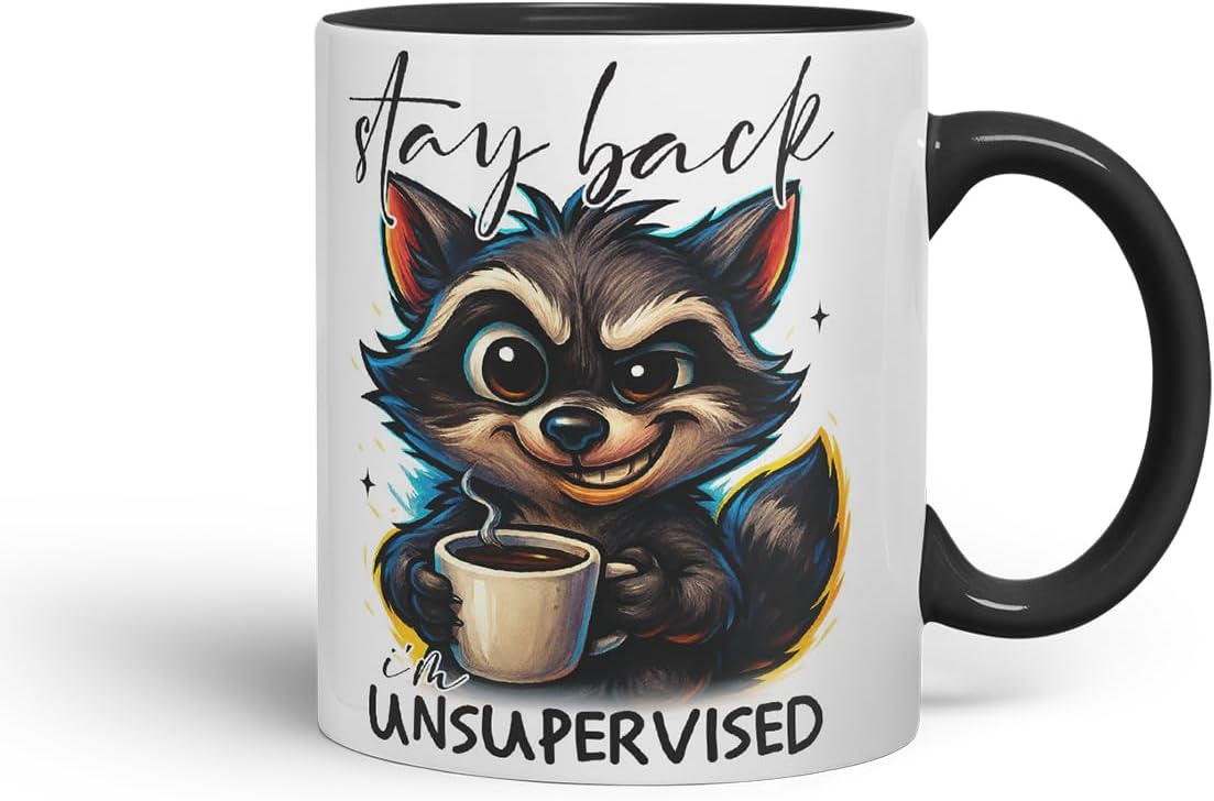 Vixar Stay Back I'm Unsupervised Funny Raccoon Coffee Mug – Coloured Ceramic Mug Cup Gift, 11oz (Black)