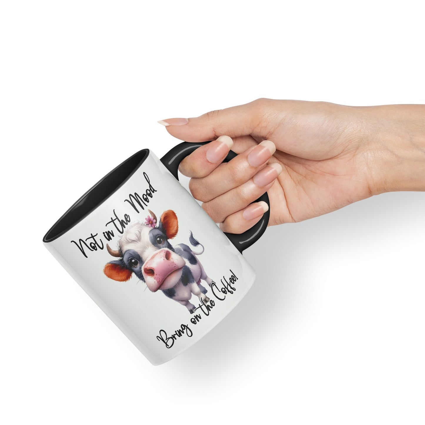 Not in The Mood Bring on The Coffee Cow Joke sarkasm Sarcastic Ceramic Coloured Mug Cup for Tea Coffee Hot Brew 330ml 11Oz Gift