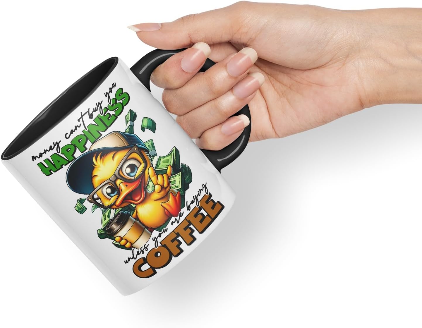 Vixar Mug with Text: Money Can’t Buy You Happiness (Unless You are Buying Coffee) Coloured Ceramic Mug Cup 11oz Funny Sarcastic Gift (Black)