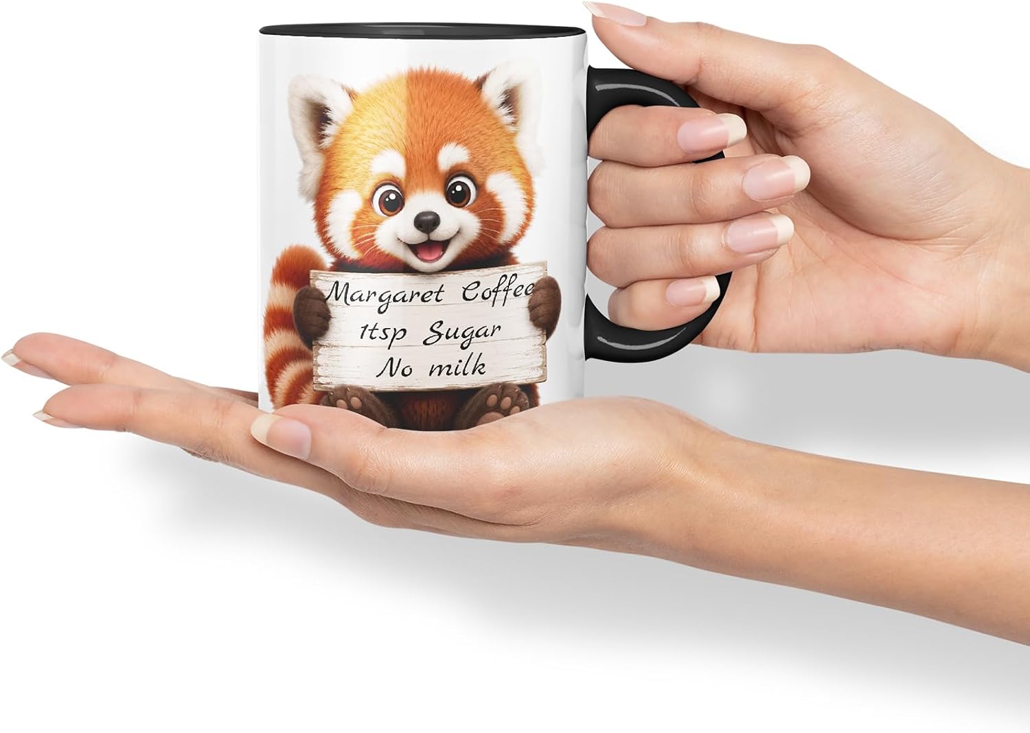 Vixar Personalised Red Panda Mug with Name or Custom Message – Cute Animal Coloured Ceramic Mug Cup Gift, 11oz (Black)