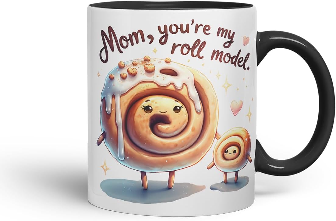 Vixar Mom You're My Roll Model Funny Cinnamon Roll Mother Mum Mug – Coloured Ceramic Mug Cup Gift, 11oz (Black)