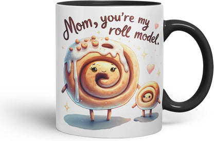 Vixar Mom You're My Roll Model Funny Cinnamon Roll Mother Mum Mug – Coloured Ceramic Mug Cup Gift, 11oz (Black)