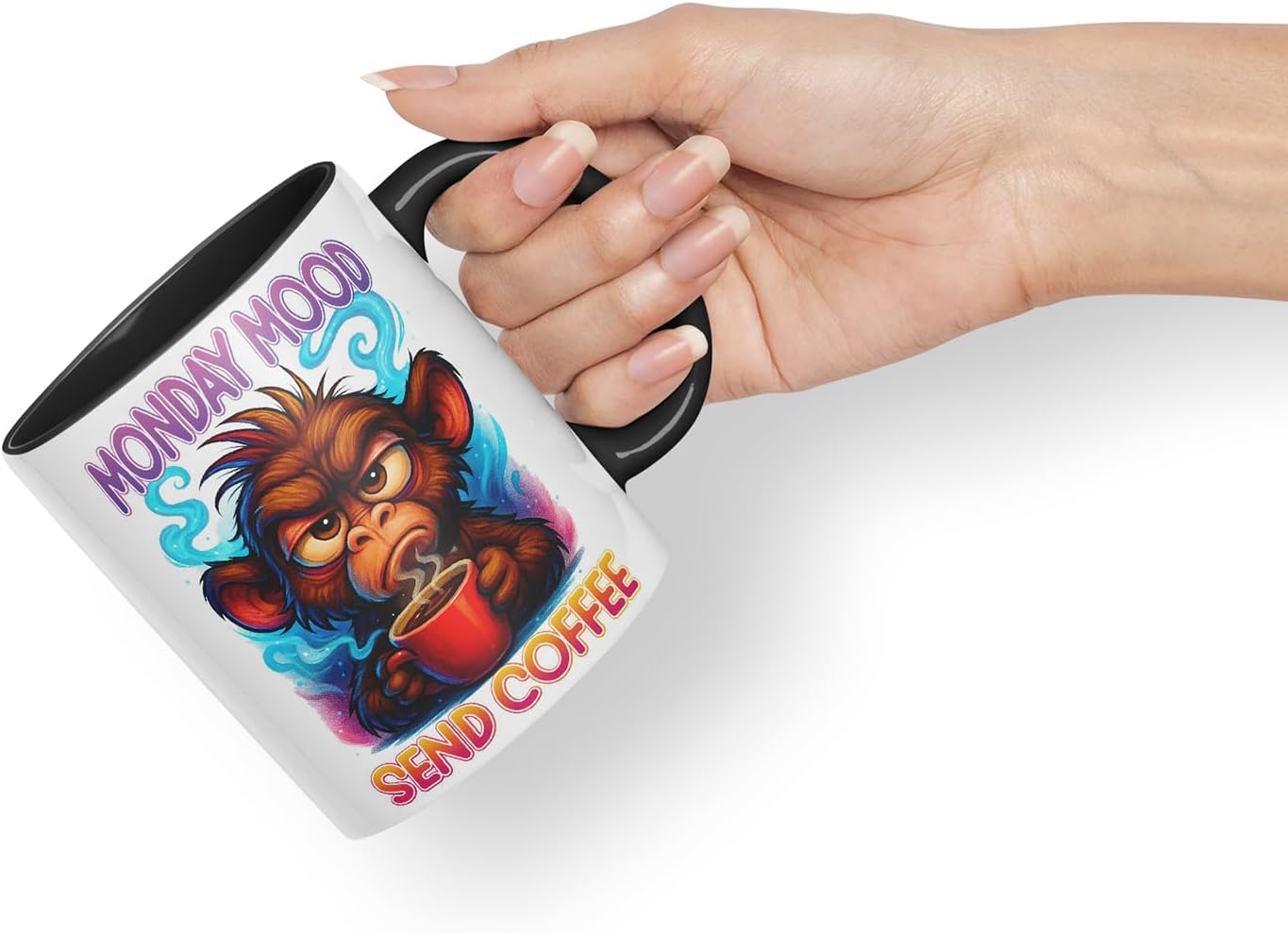 Vixar Monday Mood Send Coffee Funny Monkey Mug – Coloured Ceramic Mug Cup Gift, 11oz (Black)