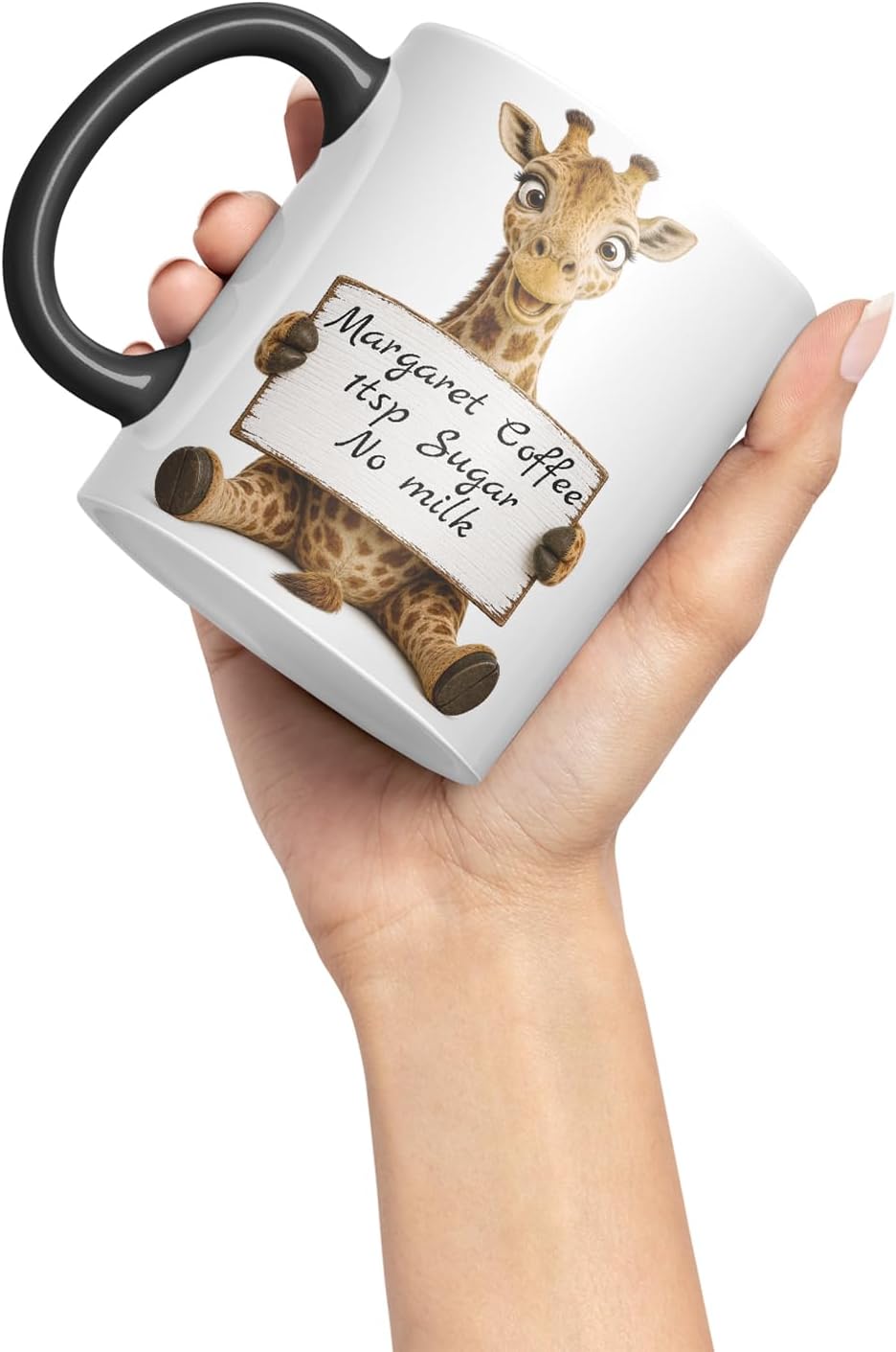 Vixar Personalised Giraffe Mug with Name or Custom Message – Cute Animal Coloured Ceramic Mug Cup Gift, 11oz (Black)