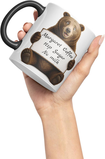 Vixar Personalised Bear Mug with Name or Custom Message – Cute Animal Coloured Ceramic Mug Cup Gift, 11oz (Black)