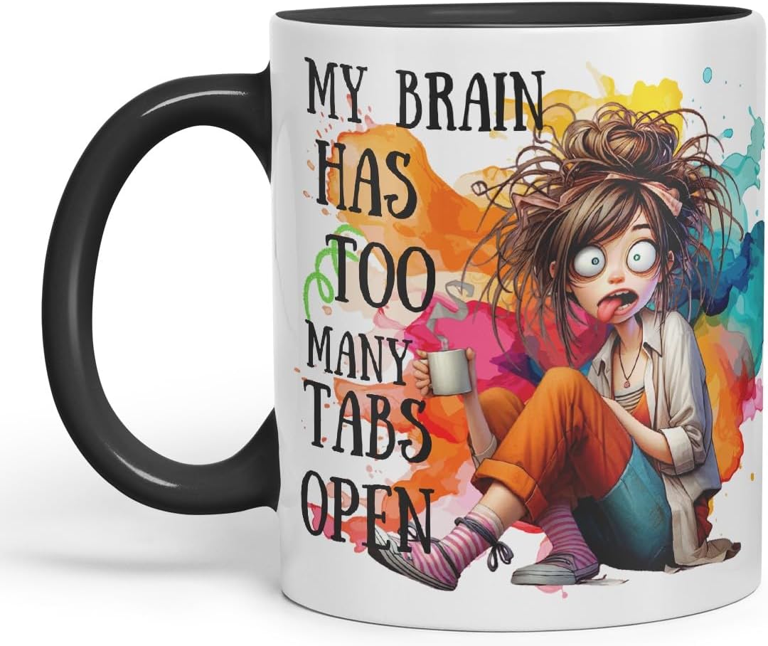 Vixar My Brain Has Too Many Tabs Open Mug – Coloured Ceramic Mug Cup Gift, 11oz (Black)