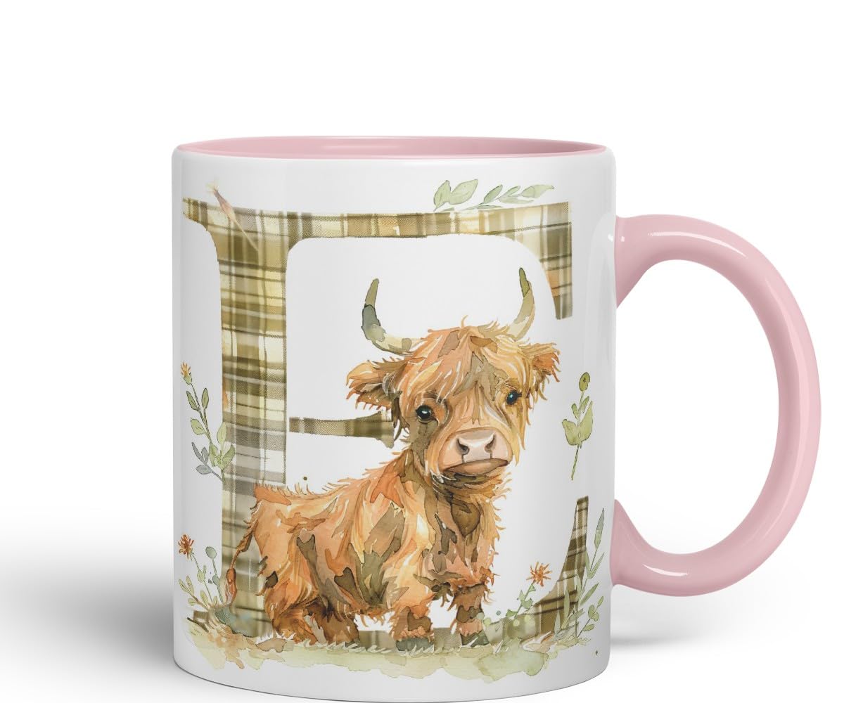 Vixar Highland Cow Alphabet Monogram Coloured Ceramic Cup Mug – Letter E – Rustic Farmhouse Animal Letter Gift – 11oz (Black)