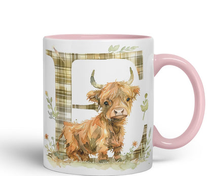 Vixar Highland Cow Alphabet Monogram Coloured Ceramic Cup Mug – Letter E – Rustic Farmhouse Animal Letter Gift – 11oz (Black)