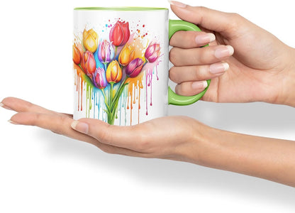 Vixar Tulip Spring Garden Mug Coloured Ceramic Mug Cup Gift, 11oz (Light Green)