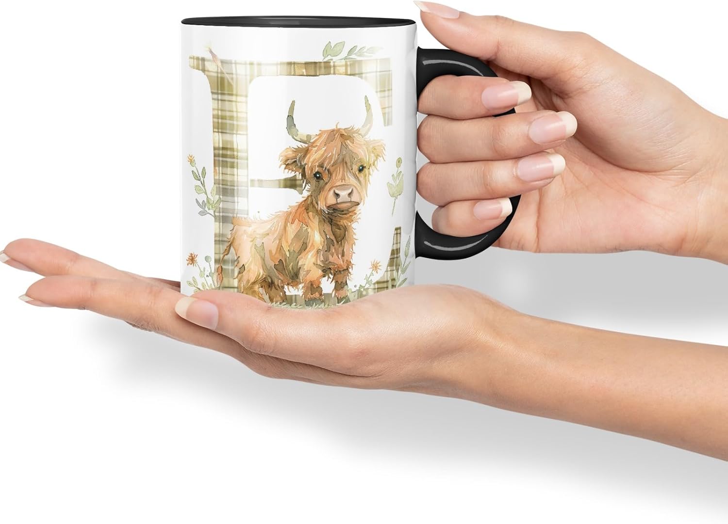 Vixar Highland Cow Alphabet Monogram Coloured Ceramic Cup Mug – Letter E – Rustic Farmhouse Animal Letter Gift – 11oz (Black)