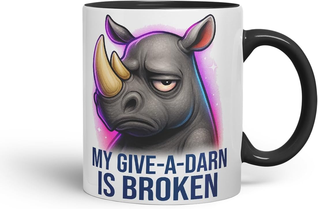 Vixar My Give-A-Darn is Broken Sarcastic Rhino – Coloured Ceramic Mug Cup Gift, 11oz (Black)