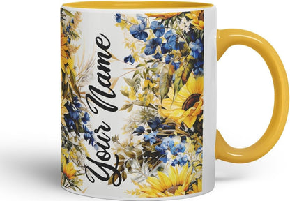 Vixar Personalised Sunflower Mug – Custom Your Name Coloured Ceramic Mug Cup Gift, 11oz (Gold Yellow)
