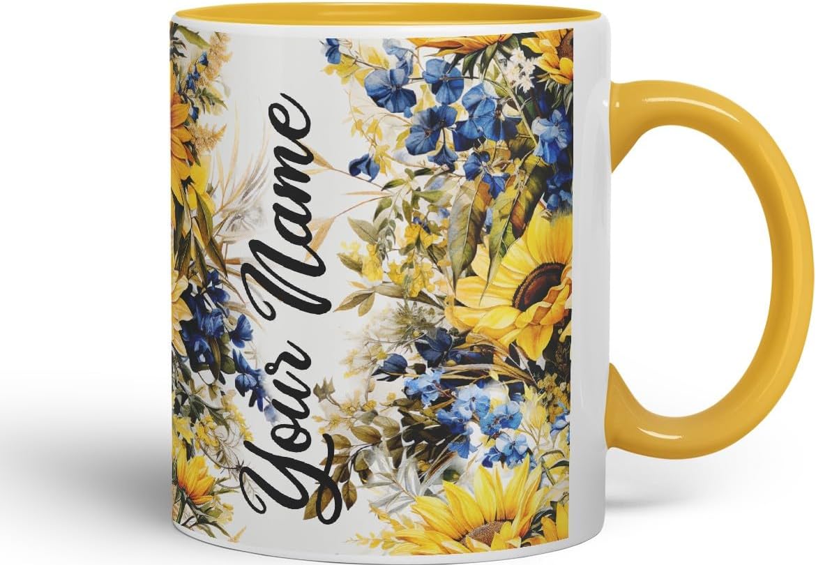 Vixar Personalised Sunflower Mug – Custom Your Name Coloured Ceramic Mug Cup Gift, 11oz (Gold Yellow)