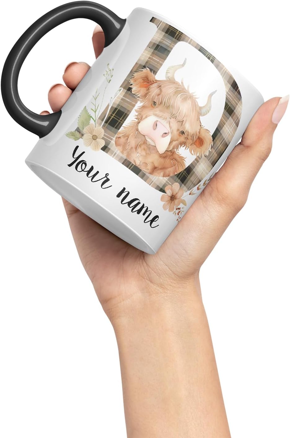 Vixar Personalised Highland Cow Initial Letter D Custom Name Mug – Coloured Ceramic Mug Cup Gift, 11oz (Black)