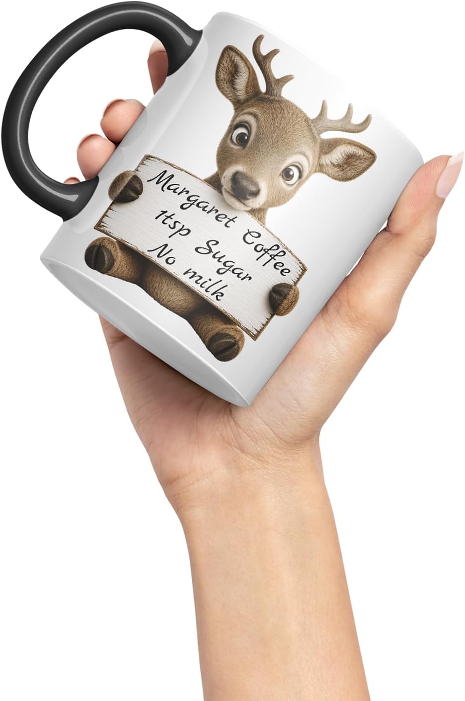 Vixar Personalised Deer Mug with Name or Custom Message – Cute Animal Coloured Ceramic Mug Cup Gift, 11oz (Black)