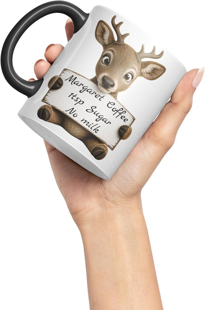 Vixar Personalised Deer Mug with Name or Custom Message – Cute Animal Coloured Ceramic Mug Cup Gift, 11oz (Black)