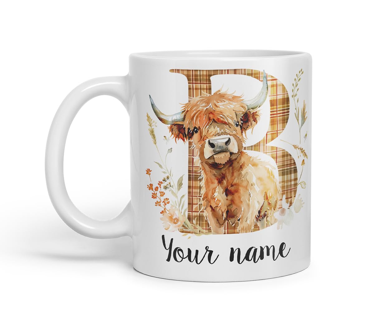 Vixar Personalised Highland Cow Initial Letter B Custom Name Mug – Coloured Ceramic Mug Cup Gift, 11oz (Black)