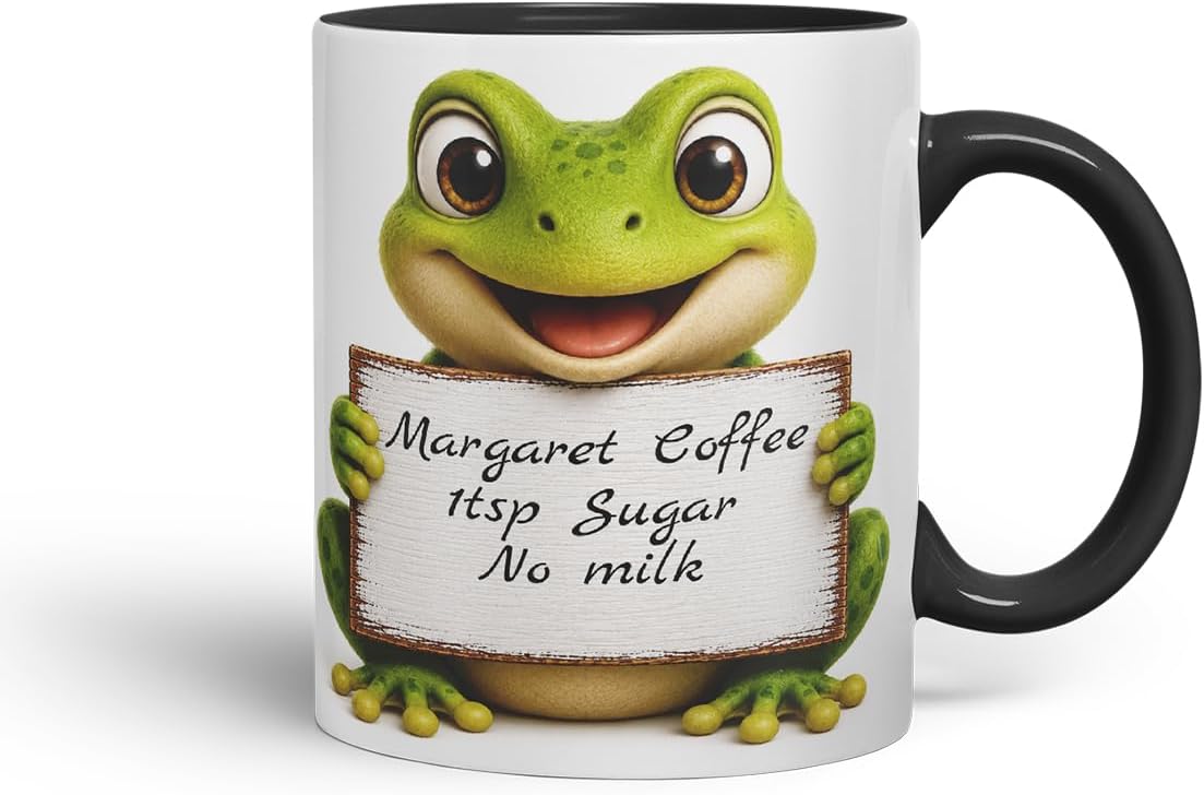 Vixar Personalised Frog Mug with Name or Custom Message – Cute Animal Coloured Ceramic Mug Cup Gift, 11oz (Black)