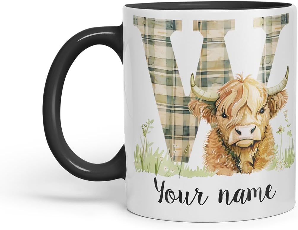 Vixar Personalised Highland Cow Initial Letter W Custom Name Mug – Coloured Ceramic Mug Cup Gift, 11oz (Black)