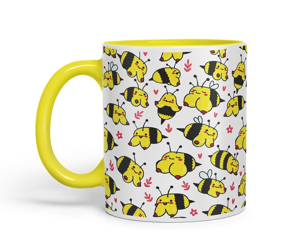 Vixar Cute Bee Breasts, Tits, Pattern Mug – Coloured Ceramic Mug Cup Gift, 11oz (Black)