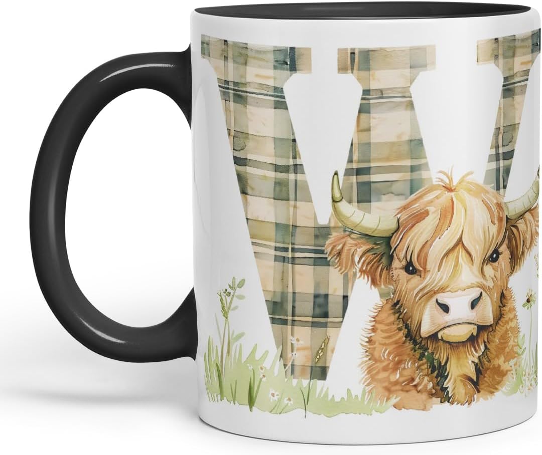 Vixar Highland Cow Alphabet Monogram Coloured Ceramic Cup Mug – Letter W – Rustic Farmhouse Animal Letter Gift – 11oz (Black)