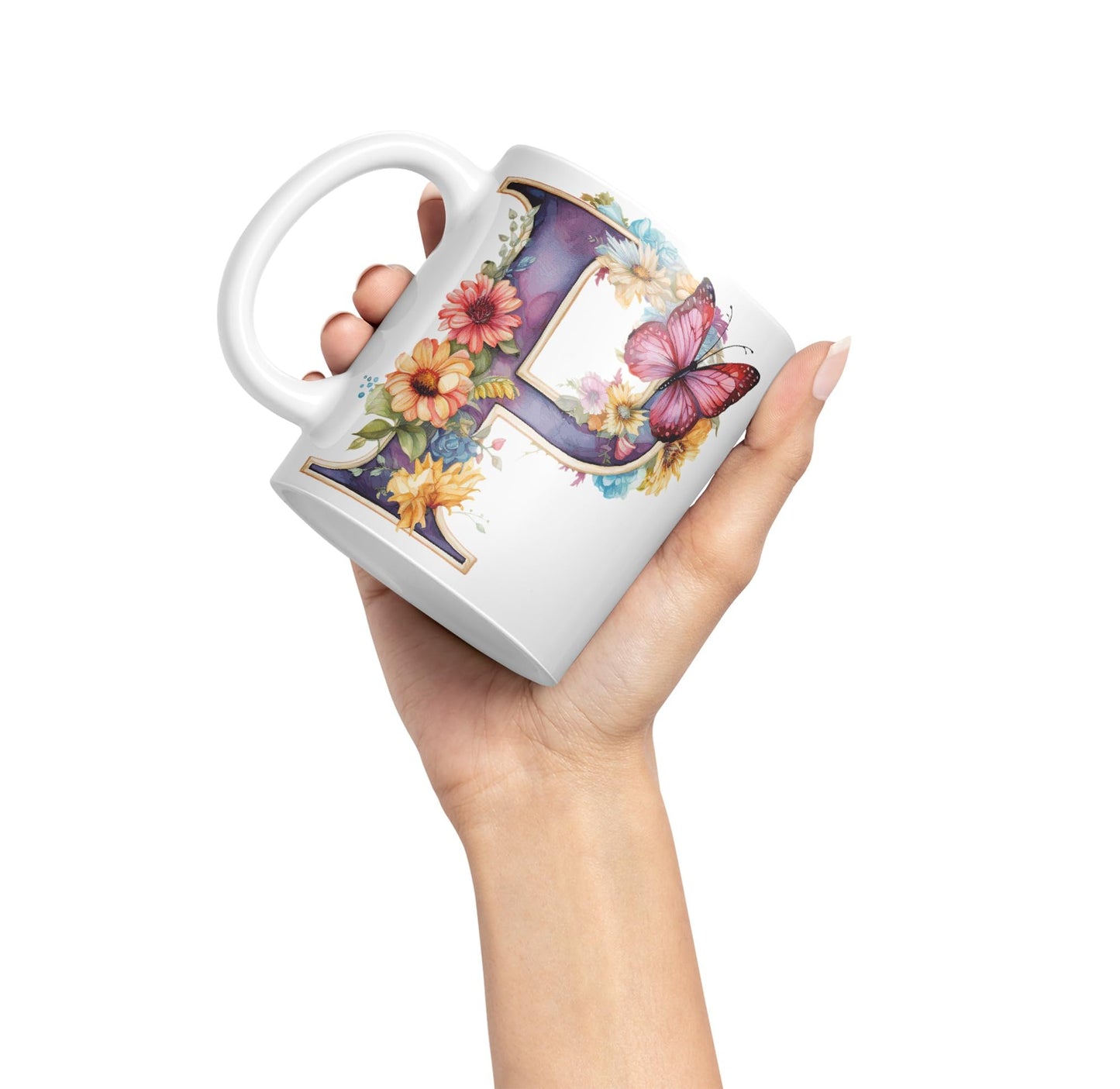 Letter P mug, Floral flowers butterfly Alphabet Letter P Monogram watercolour Ceramic Coloured Mug Cup for Tea Coffee Hot brew 330ml 11Oz