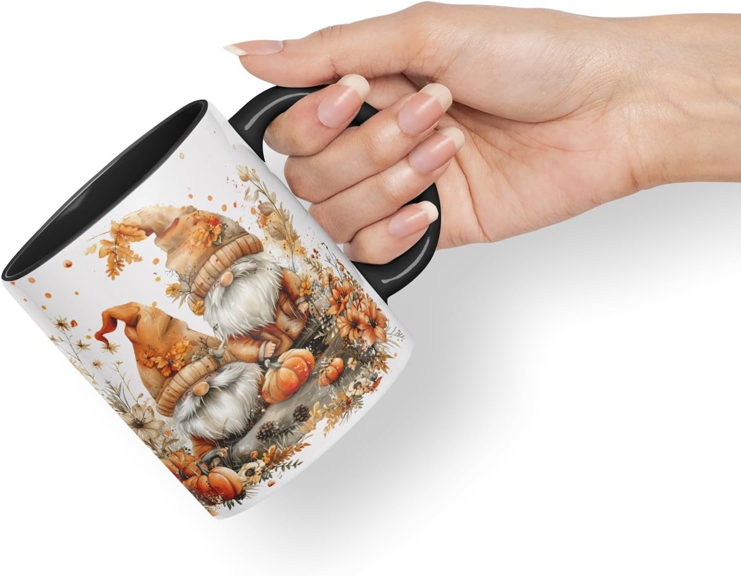 Vixar Ceramic Mug with Autumn Gnomes and Pumpkins Gnome Ceramic Coloured Mug Cup 330ml 11Oz (Black)