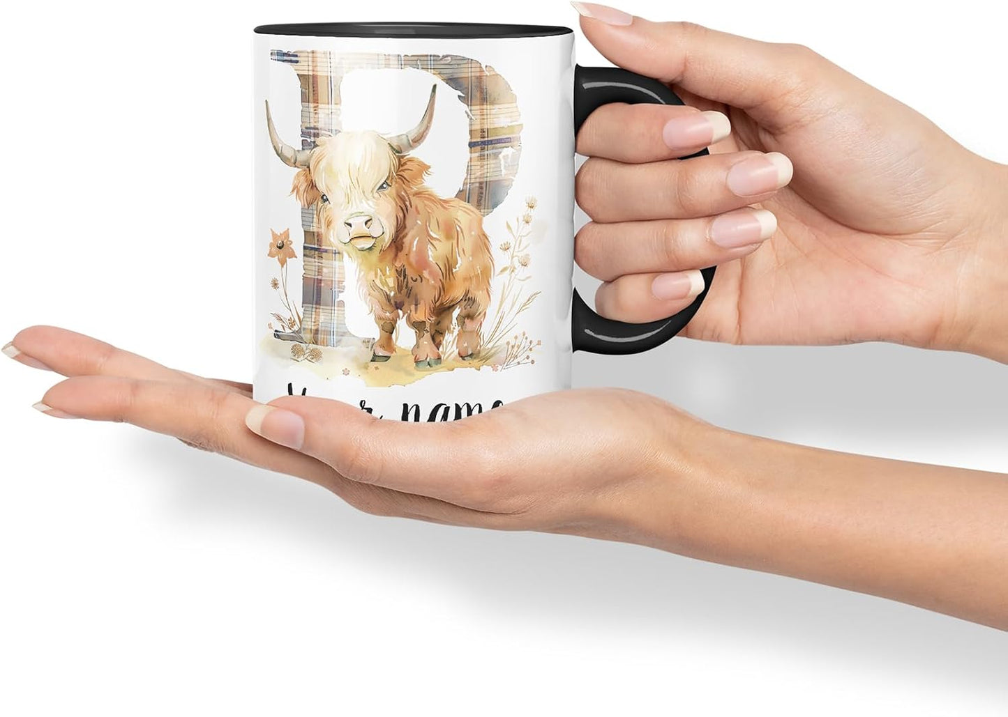 Vixar Personalised Highland Cow Initial Letter P Custom Name Mug – Coloured Ceramic Mug Cup Gift, 11oz