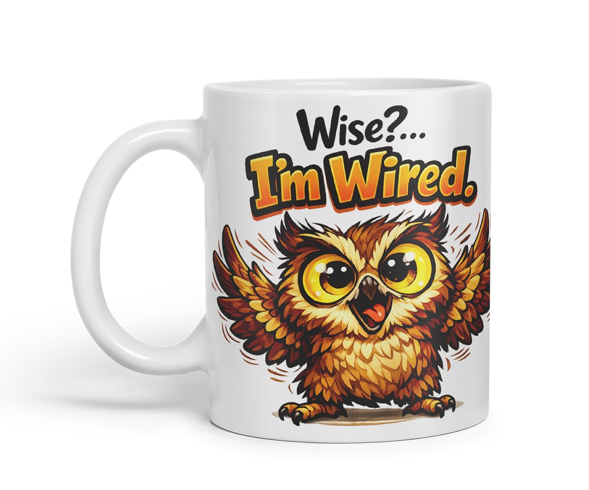 Vixar Wise I'm Wired Funny Owl Mug – Coloured Ceramic Mug Cup Gift, 11oz (Black)