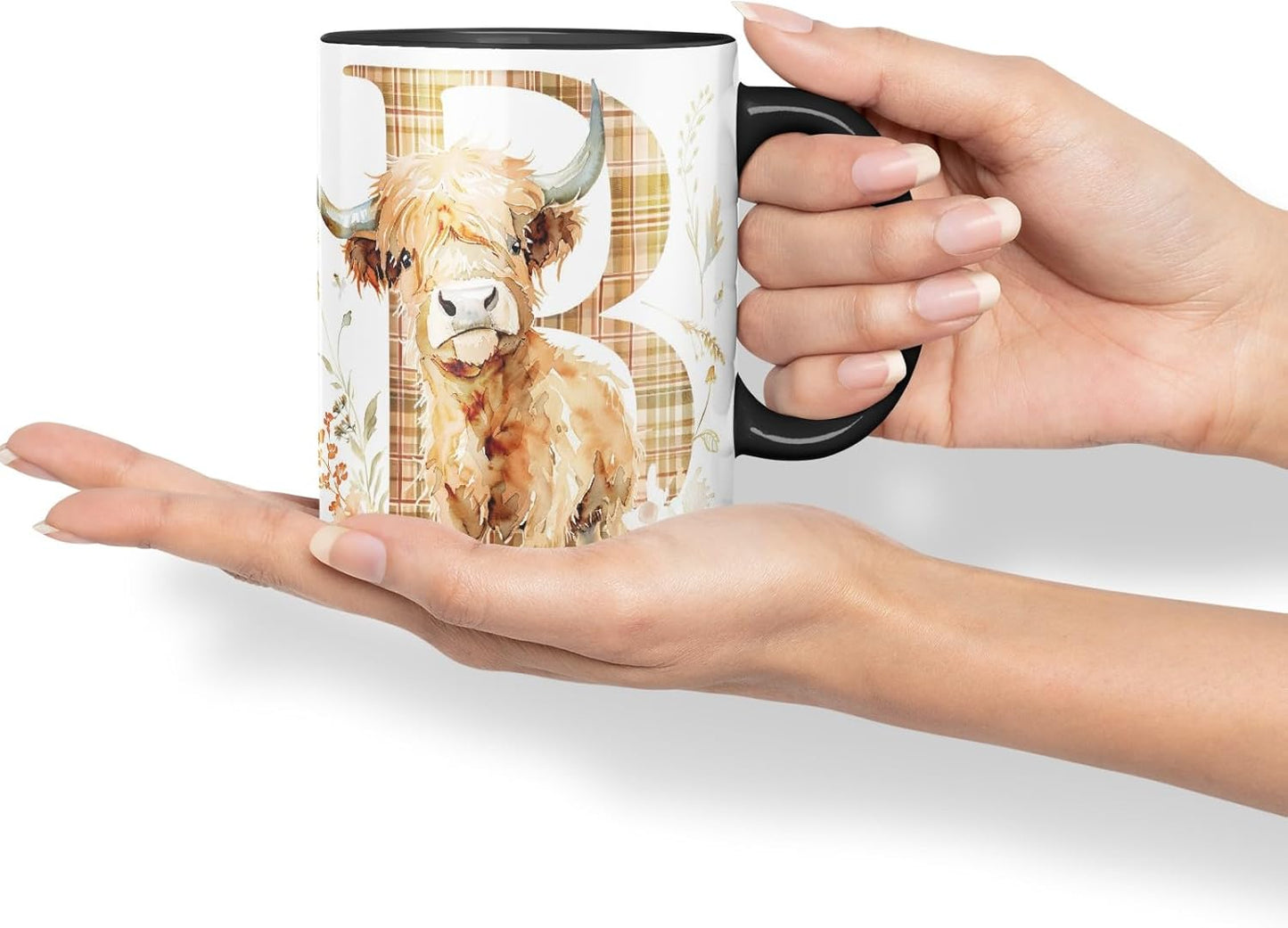 Vixar Highland Cow Alphabet Monogram Coloured Ceramic Cup Mug – Letter B – Rustic Farmhouse Animal Letter Gift – 11oz (Black)