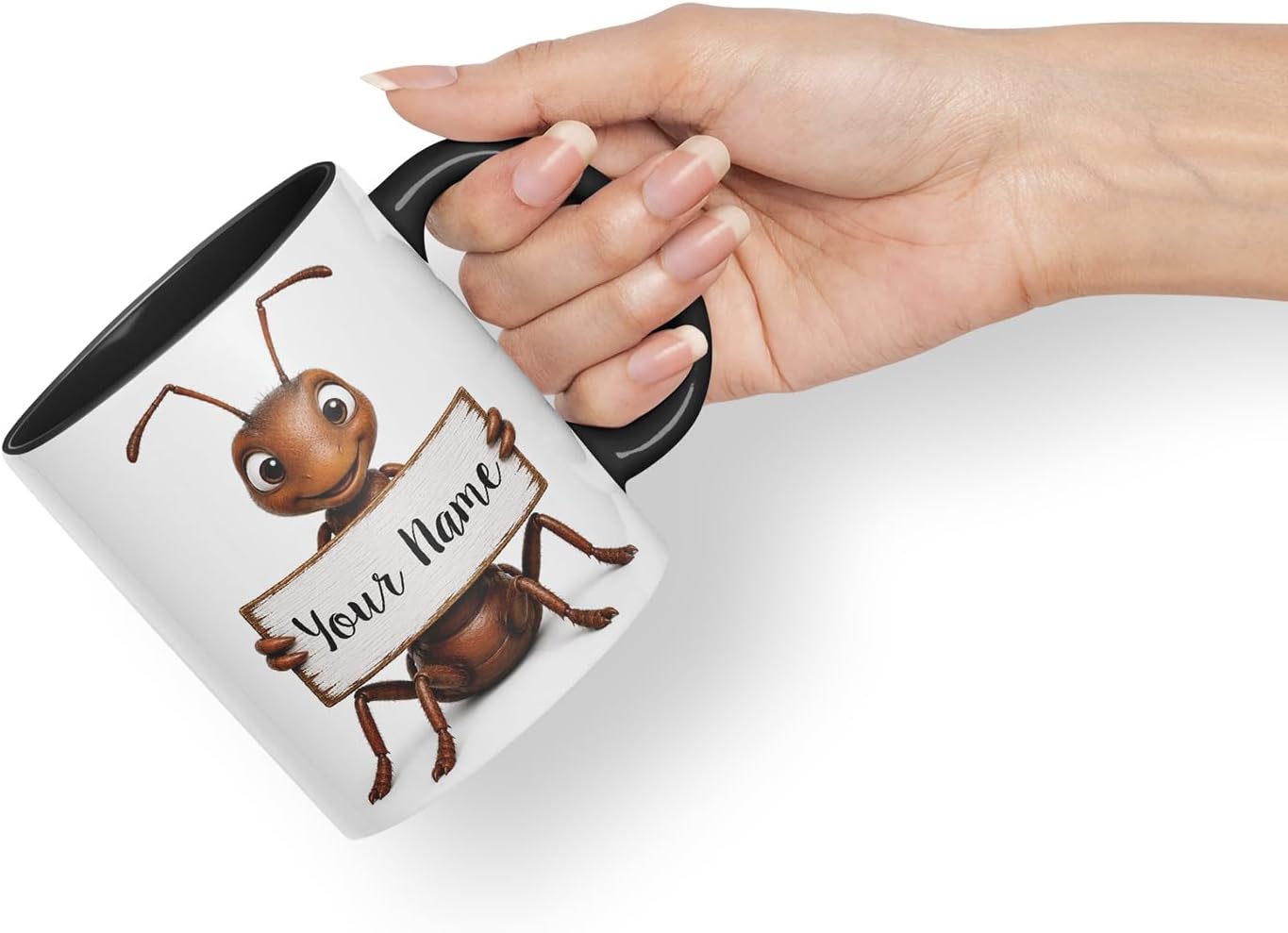 Vixar Personalised Ant Mug with Name or Custom Message – Cute Animal Coloured Ceramic Mug Cup Gift, 11oz (Black)