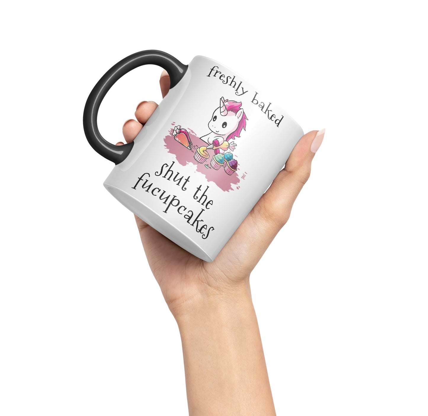 Freshly Baked, Shut The fucupcakes, Unicorn Sarcastic Joke Ceramic Coloured Mug Cup for Tea Coffee Hot Brew 330ml 11Oz