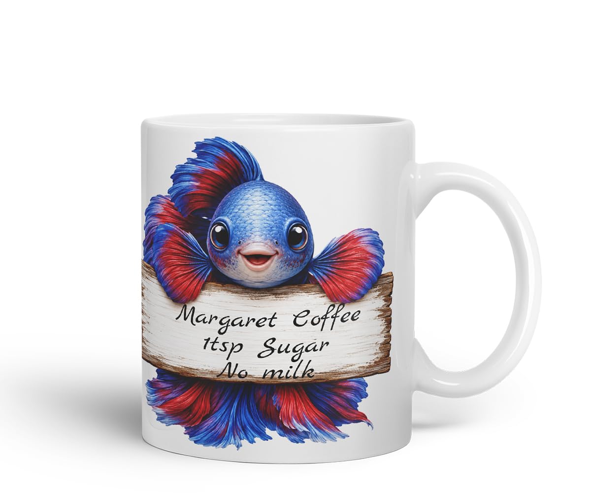 Vixar Personalised Betta Fish Mug with Name or Custom Message – Cute Animal Coloured Ceramic Mug Cup Gift, 11oz (Black)