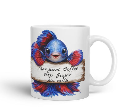 Vixar Personalised Betta Fish Mug with Name or Custom Message – Cute Animal Coloured Ceramic Mug Cup Gift, 11oz (Black)