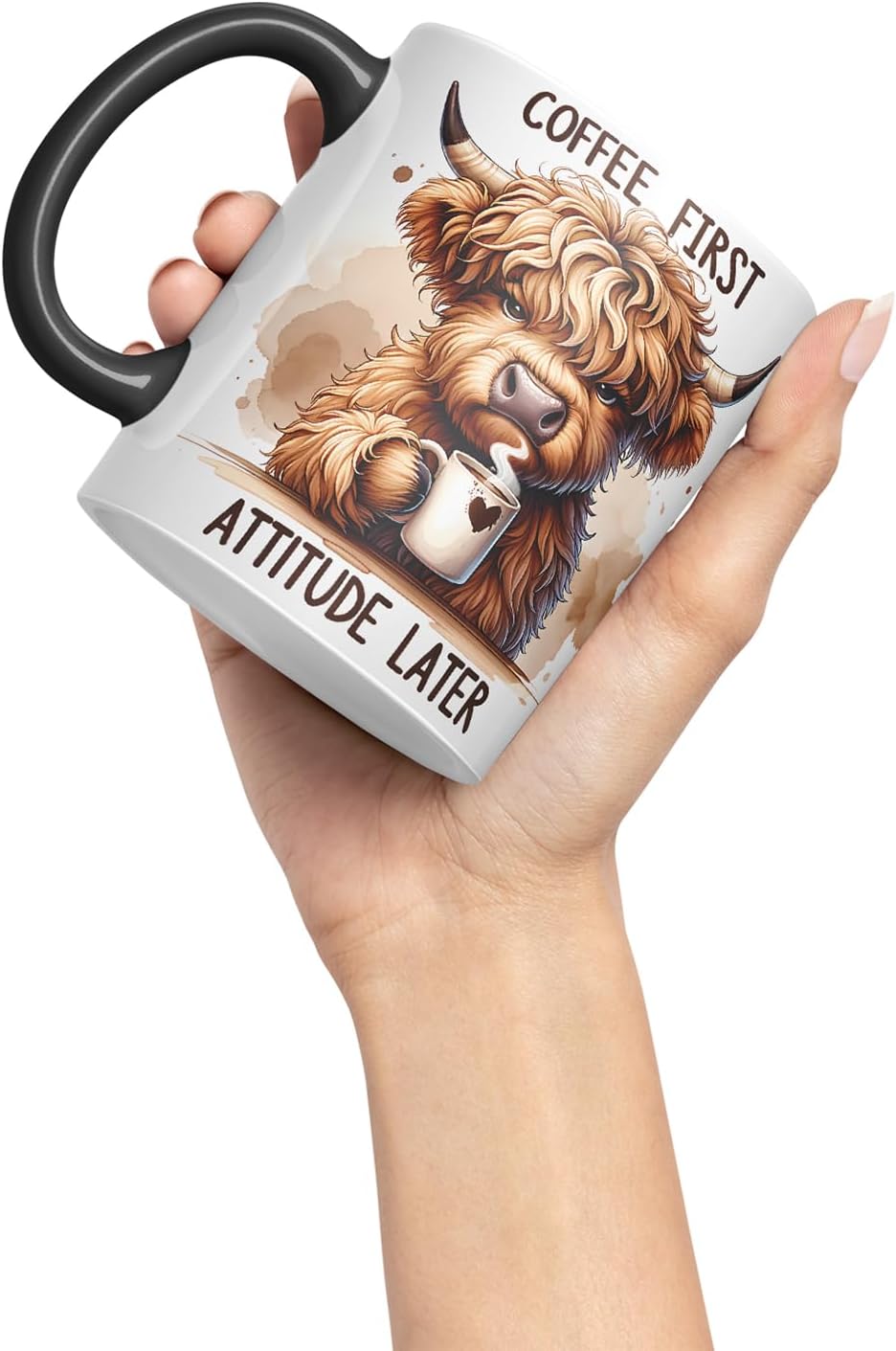 Vixar Coffee First Highland Cow Mug – Coloured Ceramic Mug Cup Gift, 11oz (Black)