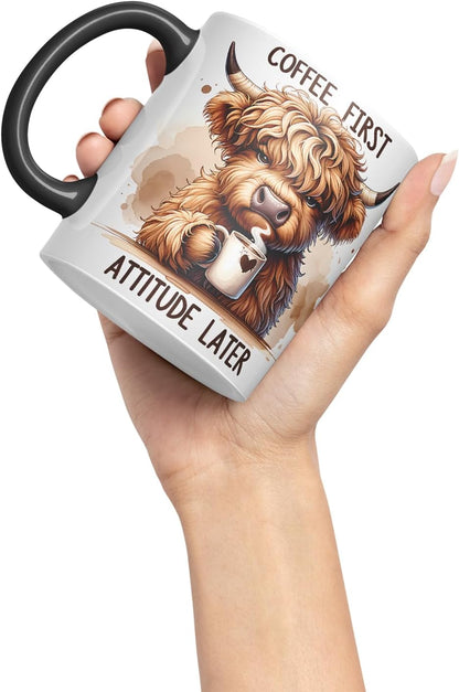 Vixar Coffee First Highland Cow Mug – Coloured Ceramic Mug Cup Gift, 11oz (Black)