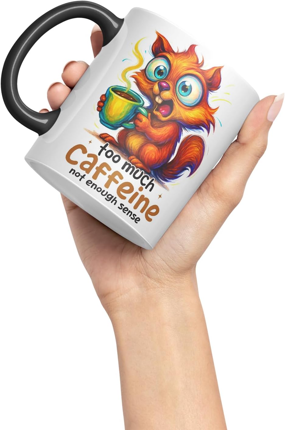 Vixar Too Much Caffeine Not Enough Sense Funny Squirrel Coffee Mug – Coloured Ceramic Mug Cup Gift, 11oz (Black)